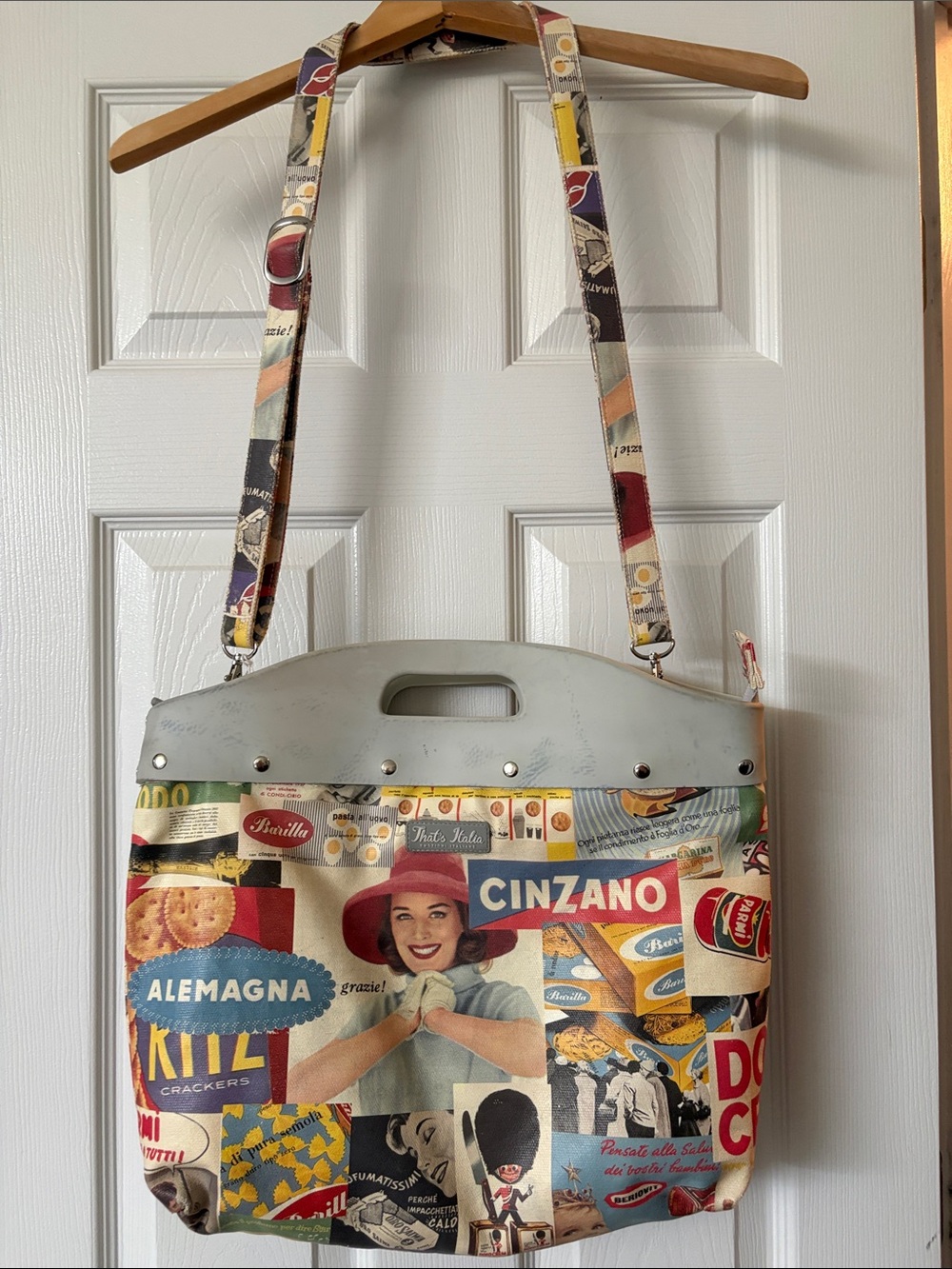 Vintage-Inspired “That’s Italia”  Print Vegan Leather Bag with Crossbody Strap